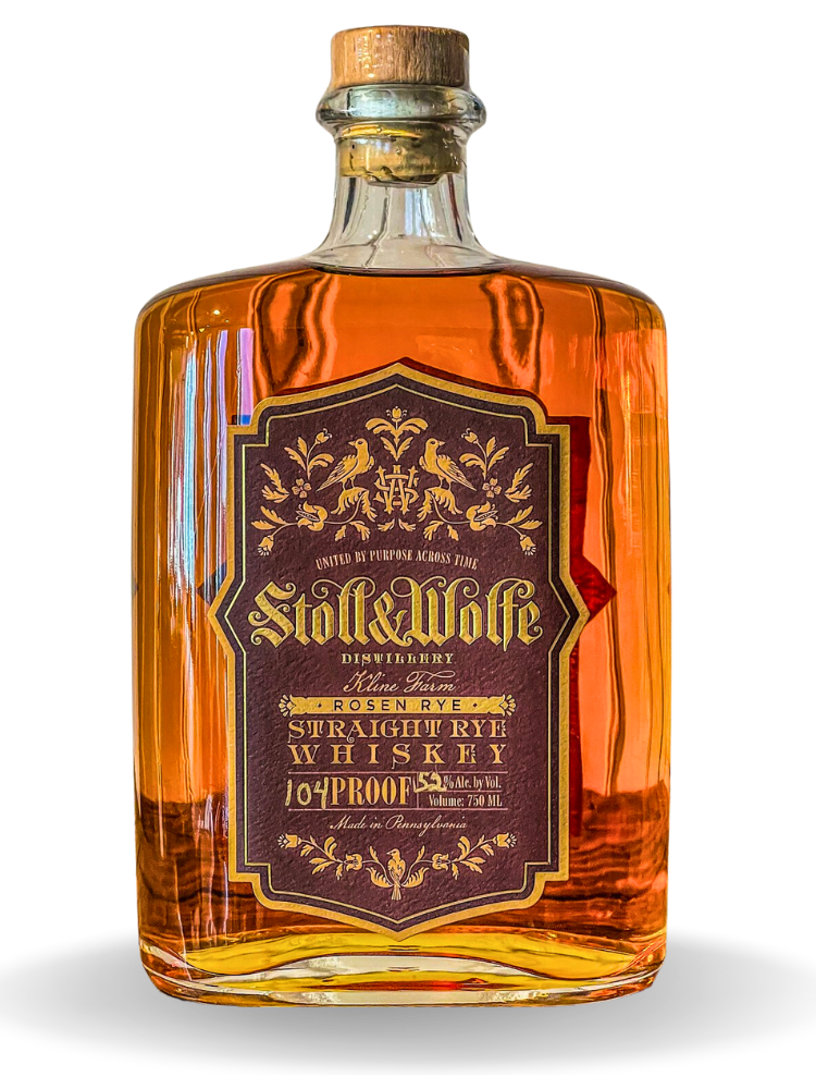 Bottle of Rosen Rye, distilled by Stoll & Wolfe Distillery.